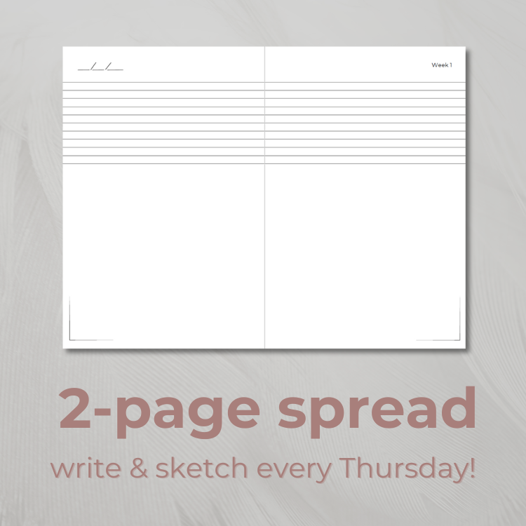 Weekly Day Journals' UNIQUE, 2-page spread to write and sketch each week! For weekly reflections and art journaling; gift appropriate for ages 3-99; with faded swish image in the background