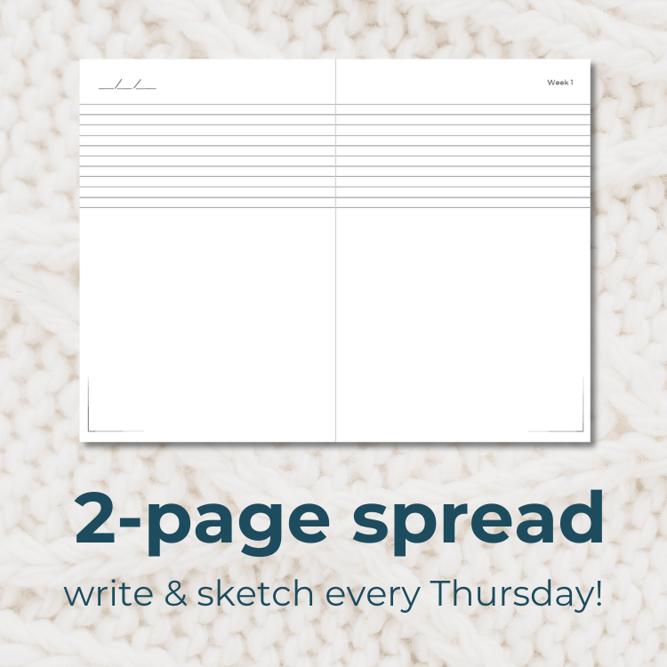 Weekly Day Journals' UNIQUE, 2-page spread to write and sketch each week! For weekly reflections and art journaling; gift appropriate for ages 3-99 for cozy and reflective days; a closeup and faded image of white sweater pattern in the background