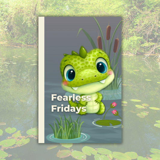 Fearless Fridays Journal featuring an adorable cartoon crocodile surrounded by a peaceful pond scene with cattails and lily pads. This playful and inspiring journal encourages users to reflect on brave and ambitious moments each week, with space for writing or sketching. A perfect gift for kids, parents, and anyone who loves fun, thoughtful journaling.