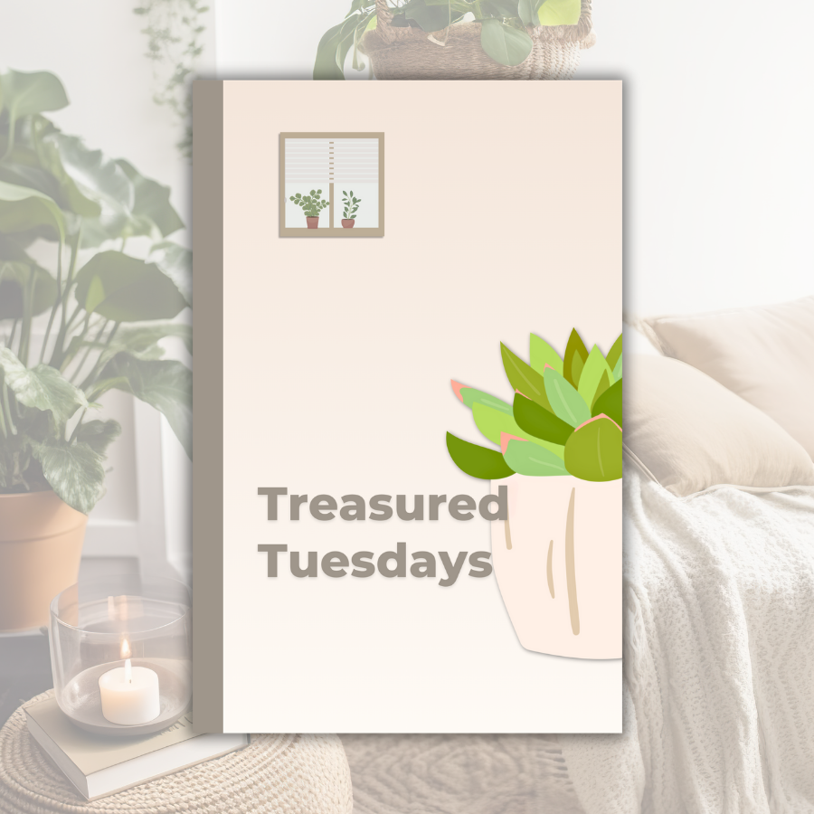 Weekly_Day_Journals_Treasured_Tuesdays_Plant_Break_front_cover, a slight tan and cream gradient cover with succulent graphics, a graphic of a window with house plants in the background, with tan title text and tan spine; a faded image of a cozy cottage room in the background
