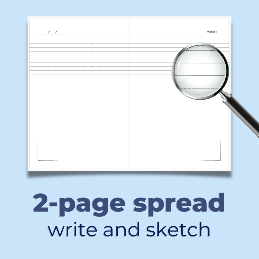 Weekly Day Journals' UNIQUE, 2-page spread to write and sketch each week! magnified image of children's version lined pages with solid and dotted lines alternating; For weekly reflections and art journaling-Art journaling and therapy tool; appropriate for ages 3-10 years old;