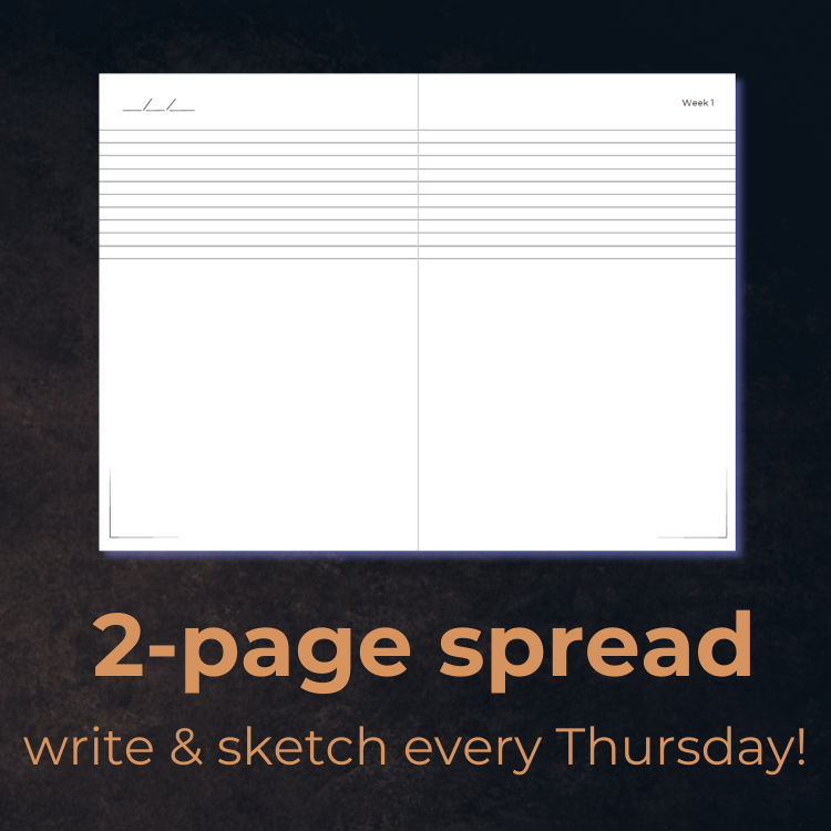 Weekly Day Journals' UNIQUE, 2-page spread to write and sketch each week! For weekly reflections and art journaling; gift appropriate for ages 3-99; blue stone pattern background image