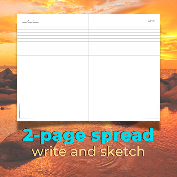 Weekly Day Journals' UNIQUE, 2-page spread to write and sketch each week! For weekly reflections and art journaling; gift appropriate for ages 3-99; golds and orange sunset over ocean faded in the background