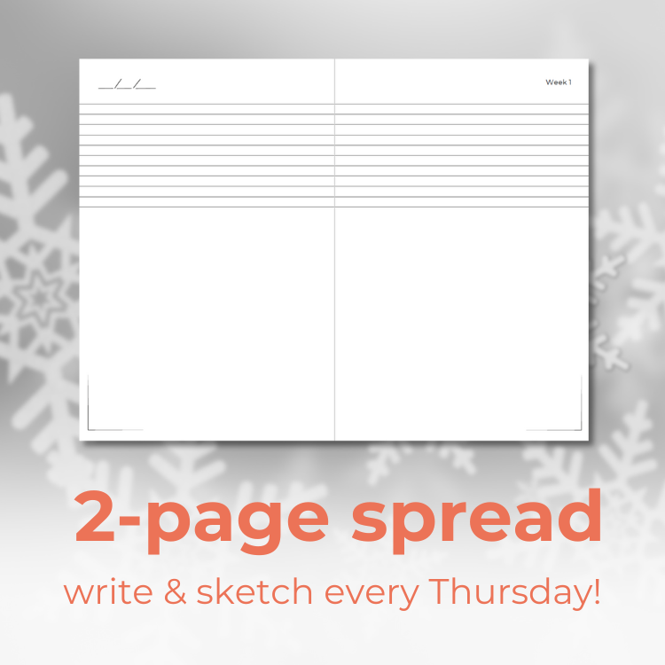 Weekly Day Journals' UNIQUE, 2-page spread to write and sketch each week! For weekly reflections and art journaling; gift appropriate for ages 3-99, especially sasquatch fans; gray background with white snowflakes and salmon colored text
