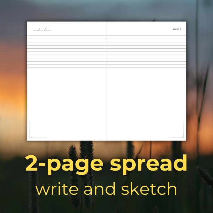 Weekly Day Journals' UNIQUE, 2-page spread to write and sketch each week! For weekly reflections and art journaling; gift appropriate for ages 3-99; with a blurred sunset over a wheat field image in the background