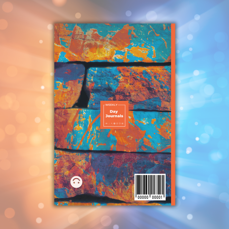 Weekly_Day_Journals_Wacky_Wednesdays_Abstract_Bricks_back_cover, turquoise bricks with orange and yellow paint splotches; Weekly Day Journals logo in the middle, Wacky Wednesdays icon in bottom left with a burnt orange spine; orange and blue sparkly lights in the background