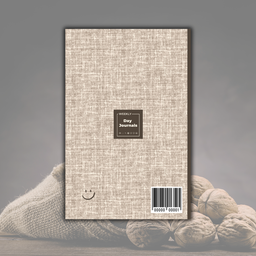 Weekly_Day_Journals_Woven_Walnut_Moody Mondays_back_cover, brown and cream linen print with Weekly Day Journals logo in the middle, Moody Mondays icon in bottom left
, walnut brown spine with faded image of burlap bag of walnuts in the background