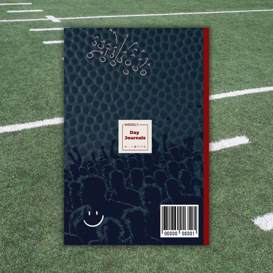 Weekly Day Journals sports football journal back cover crowd and play art in dark blue with a red spine for great gift for men and sports fans; Weekly Day Journals logo in the middle , Moody Mondays  icon in bottom left 
; image of a section of a football field in the background