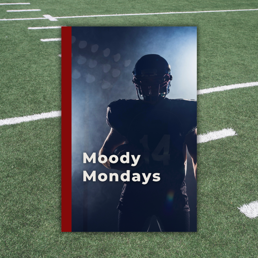 Weekly Day Journals sports football cover with spotlights in football player with red spine; an affordable, unique gift for men and sports fans, an image of a section of a football field in the background 