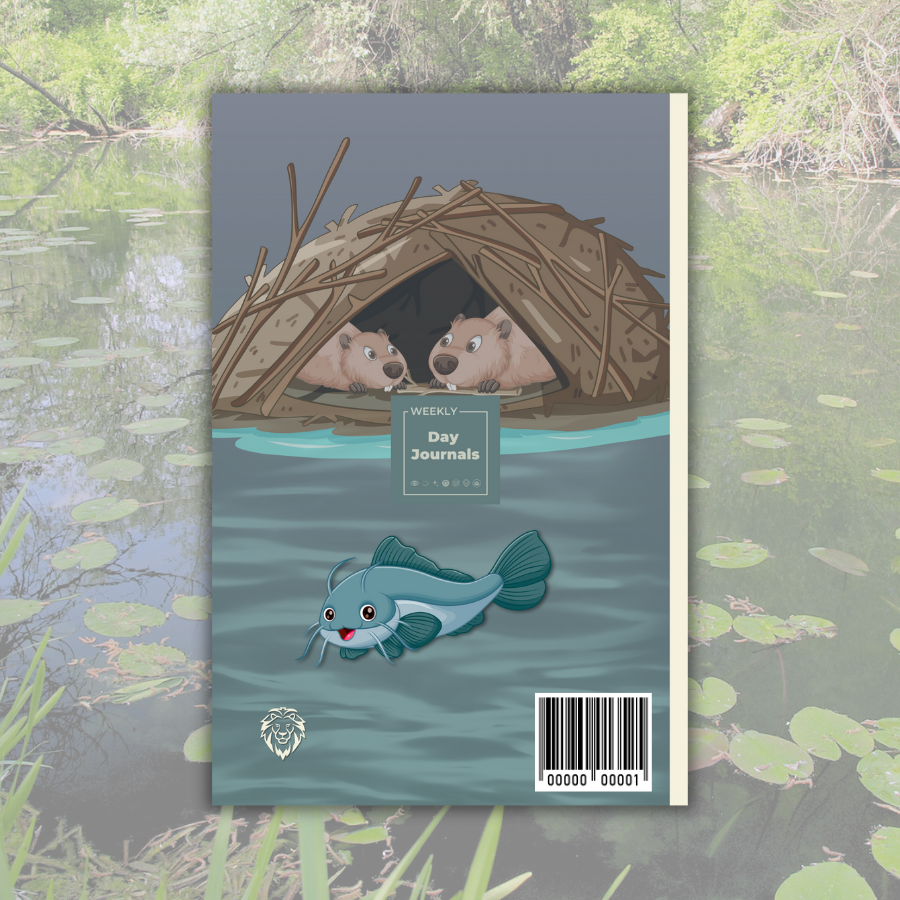 Weekly_Day_Journals_Children_Animals_Fearless_Fridays_back_cover, cute and friendly cartoon catfish and beaver characters in a bluish gray swamp, Weekly Day Journals logo in the middle,  Fearless Fridays  icon in bottom left; a faded image of a swamp with lily pads in the background