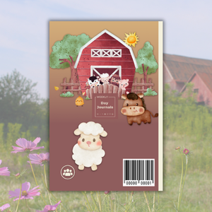 Weekly_Day_Journals_Children_Animals_Social_Saturdays_back_cover, cartoon barnyard scene with cute and friendly farm animals on a yellow and maroon gradient cover, Weekly Day Journals logo in the middle , Social Saturdays  icon in bottom left 
 buttery yellow spine; a faded image of a farm in and field in the background