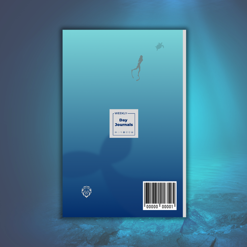 Fearless Fridays FreeDiving Weekly Day Journal back cover with silhouettes of whale tale, a turtle and a female freediver