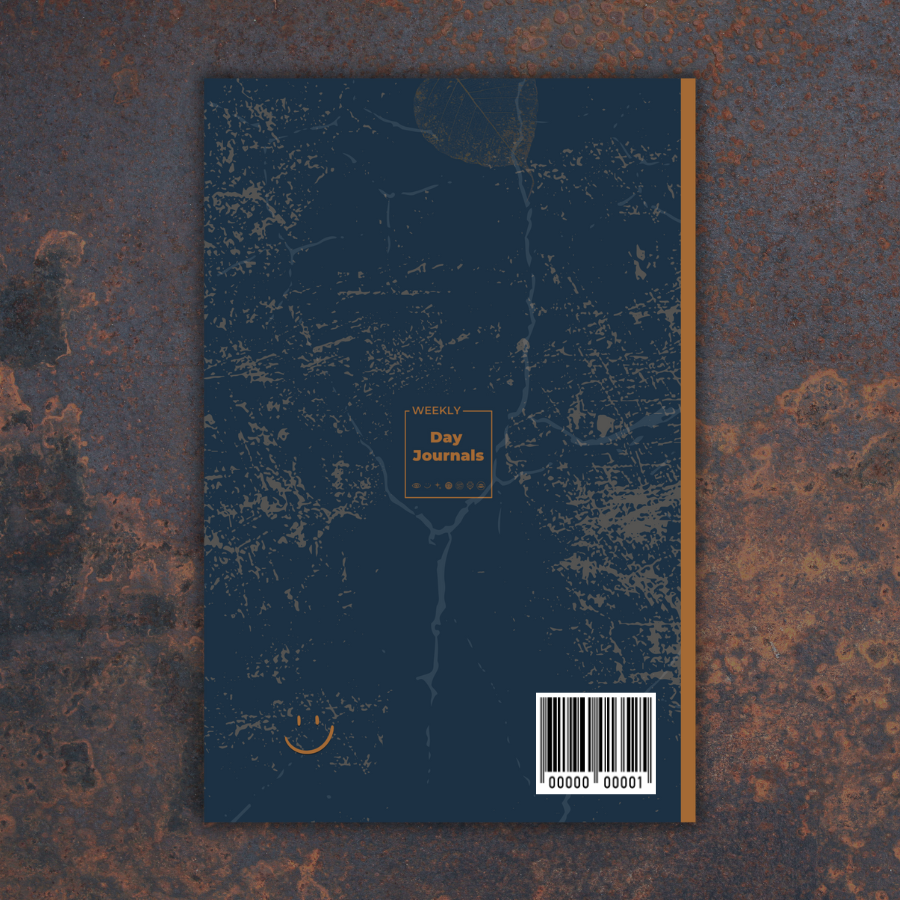 Weekly_Day_Journals_Moody_Mondays_Copper_and_stone_back_cover; navy blue cover with weathered gray and tan; Weekly Day Journals logo in the middle, Moody Mondays  icon in bottom left, coppery orange spine; faded copper and blue background
