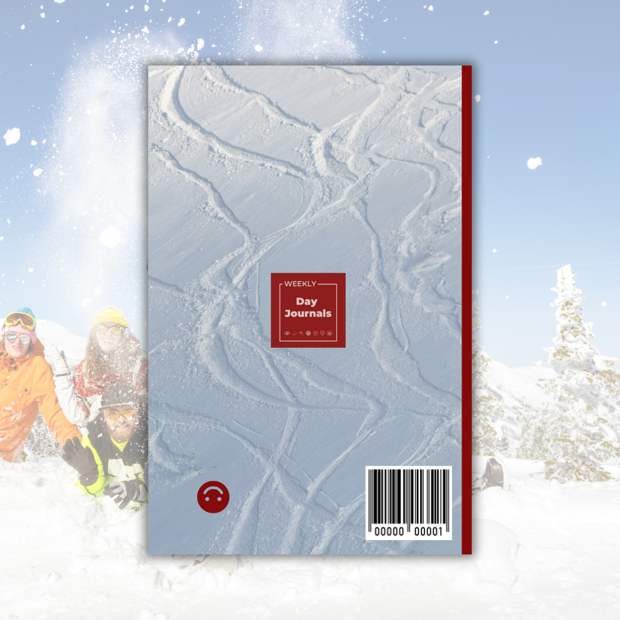 Weekly Day Journals back cover with snowboard tracks on snow with red spine; with Weekly Day Journals' logo and Wacky Wednesdays icon; a faded snowy scene of snowboarding friends in the background