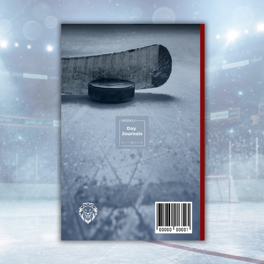 Weekly_Day_Journals_Sports_Hockey_Fearless_Fridays_back_cover hockey stick next to puck on ice with Weekly Day Journal logo in middle, Fearless Fridays lion icon in bottom left corner, 
and red spine