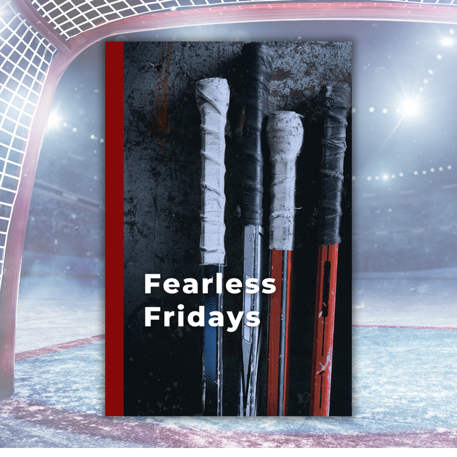 Weekly_Day_Journals_Sports_Hockey_Fearless_Fridays_front_cover top of blue, gray and red hockey sticks leaning against cement wall, with white text Fearless Fridays and a red spine