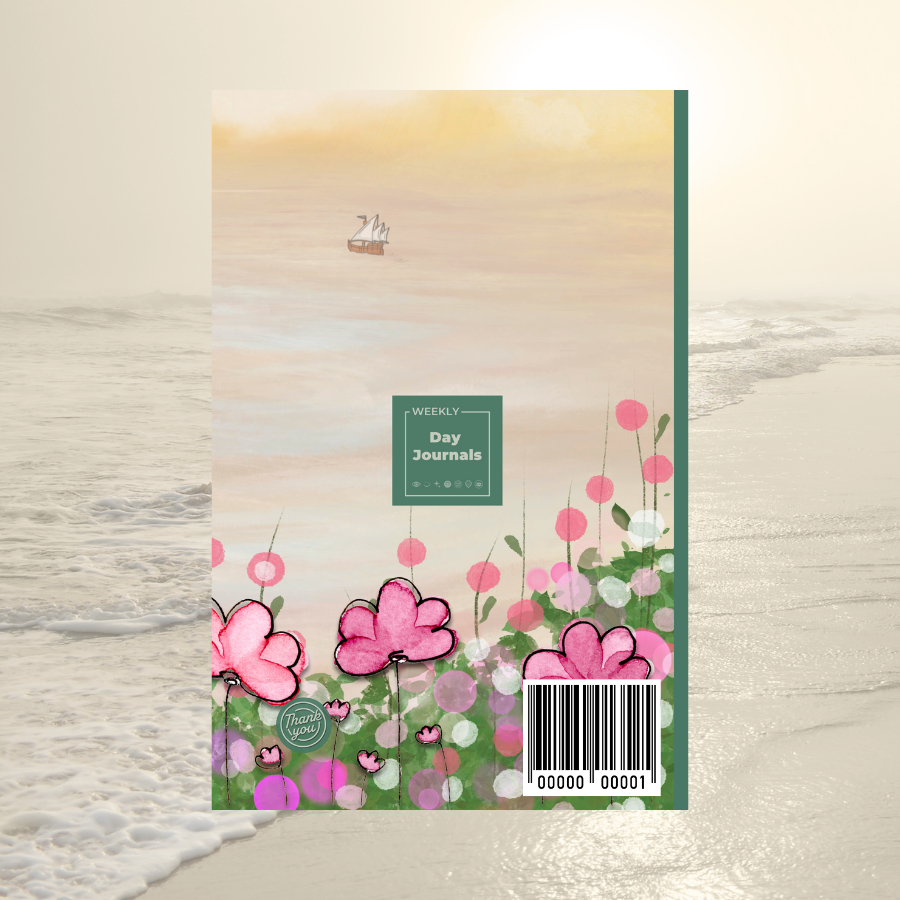 Weekly_Day_Journals_Thankful_Thursdays_Whimsy_Waters_back_cover; faded, golden seaside with cartoon ship floating away in the back and bright pink and white flowers with grass;  Weekly Day Journals logo in the middle, Thankful Thursdays  icon in bottom left, with a green spine; a golden bright beach scene image in the back 