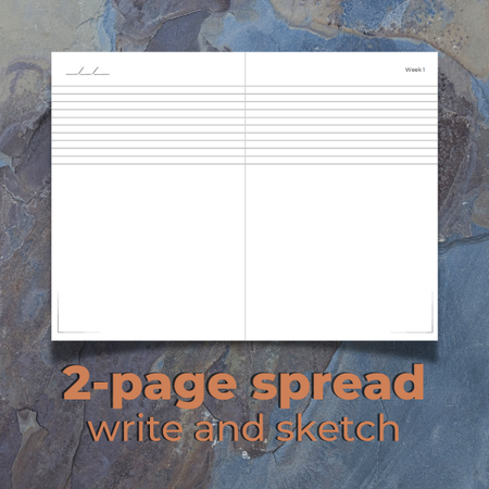 Weekly Day Journals' UNIQUE, 2-page spread to write and sketch each week! For weekly reflections and art journaling; gift appropriate for ages 3-99; gray and blue stone close-up, faded image in the background