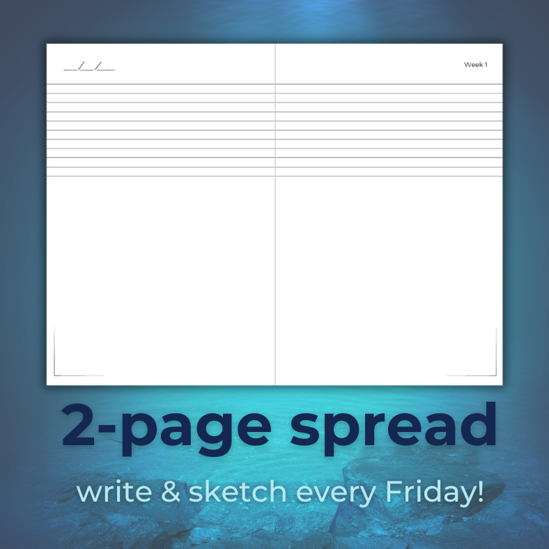 Weekly Day Journals' UNIQUE, 2-page spread to write and sketch each week! For weekly reflections and art journaling; gift appropriate for ages 3-99, especially for divers, freedivers and snorkelers; a turquois blue underwater image in the background