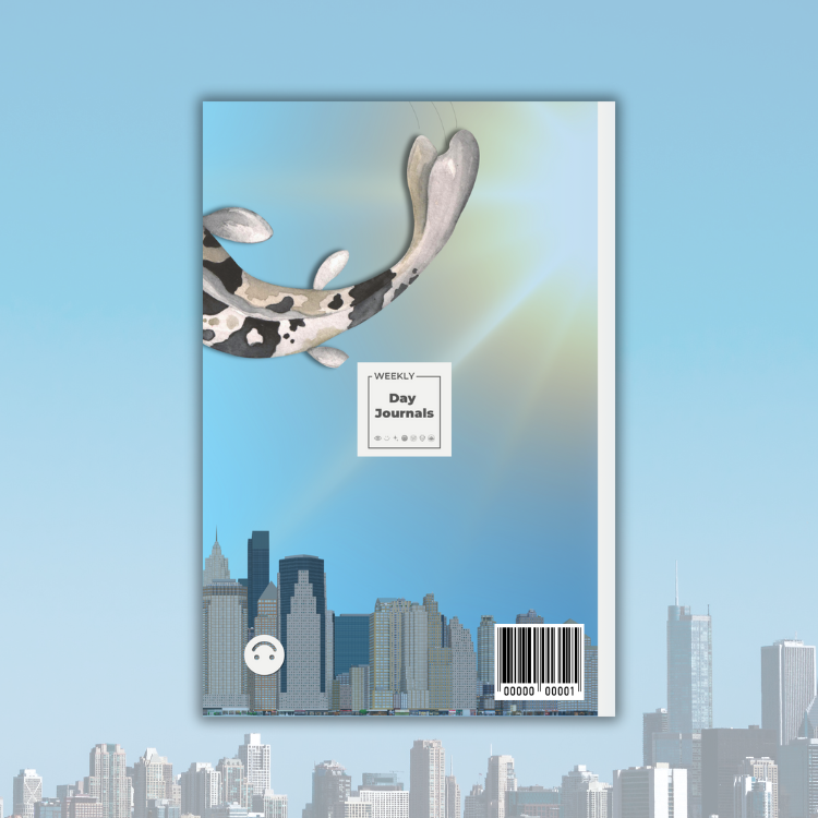 Weekly_Day_Journals_Wacky_Wednesdays_Koi_Sky_back_cover, white, tan and charcoal koi tail end swimming in a sunny blue sky above a city skyline, Weekly Day Journals logo in the middle 
, Wacky Wednesdays icon in bottom left 
; faded image of a sunny, blue sky above  city skyline in the back ground