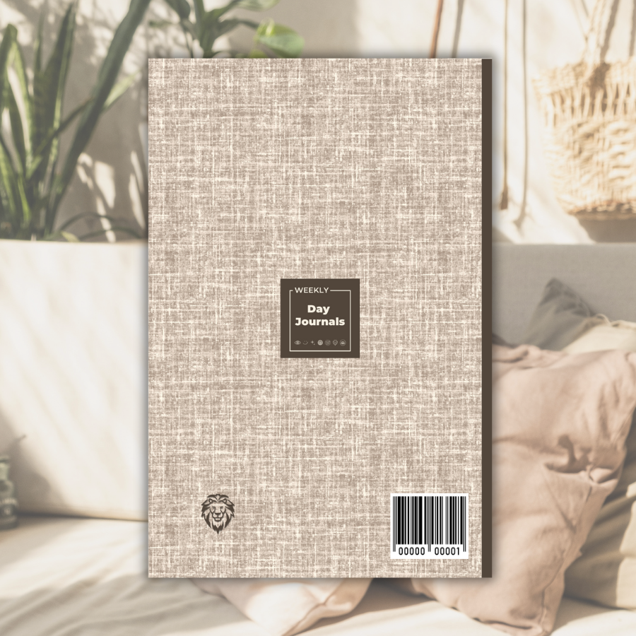 Weekly_Day_Journals_Woven_Walnut_Fearless_Fridays_back_cover; brown and cream linen print with Weekly Day Journals logo in the middle, Fearless Fridays icon in bottom left, walnut brown spine; faded image of neutrals cozy living room in the background
