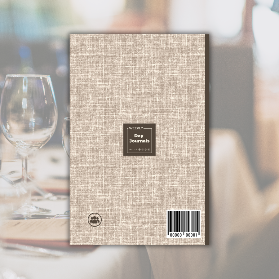 Weekly_Day_Journals_Woven_Walnut_Social_Saturdays__back_cover brown and cream linen print with Weekly Day Journals logo in the middle, Social Saturdays  icon in bottom left 
, walnut brown spine; with faded image of fancy table setting in the background
