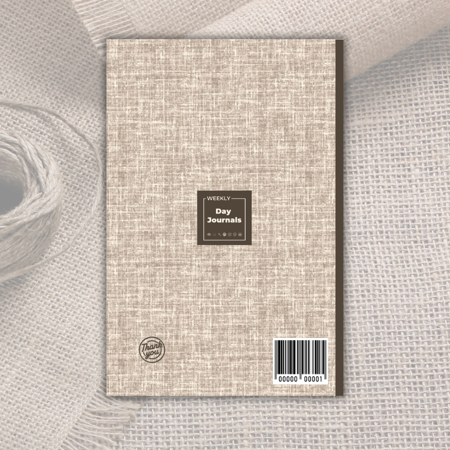 Weekly_Day_Journals_Woven_Walnut_Thankful_Thursdays_back_cover, brown and cream linen print with Weekly Day Journals logo in the middle, Thankful Thursdays  icon in bottom left 
, walnut brown spine with faded image of woven twine material in the background